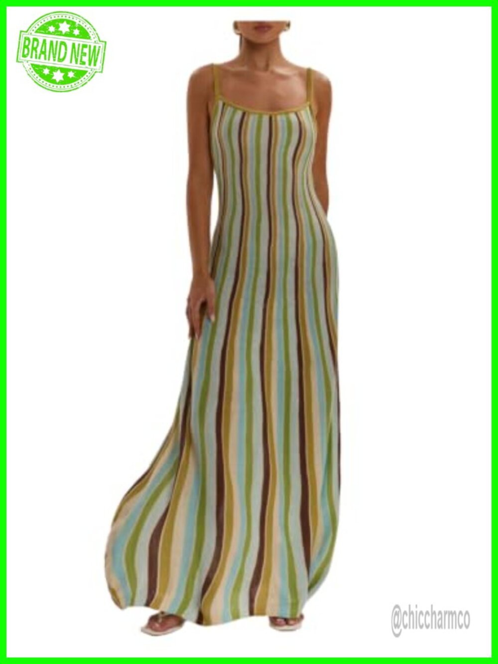 Striped Sleeveless Scoop Neck Bodycon Knit Maxi Dress Beach Vacation